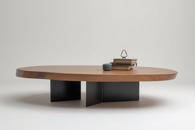 Mesa de centro moderna diseñada a medida para una sala de estar, mezclando madera y metal.